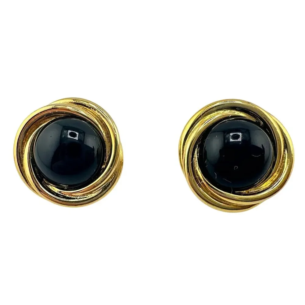 Vintage Trifari 1990s Black Cabochon Gold Tone Twist Bezel 1
